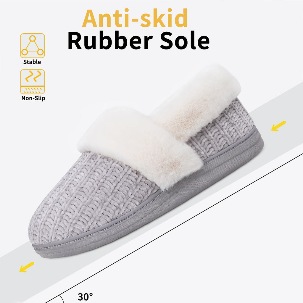 Evshine Women's Fuzzy Memory Foam Slippers, Closed Back Knit Bedroom Slippers, Slip-On Warm House Shoes for Indoor & Outdoor Comfort, Grey, 38-39 (Size 7-8)