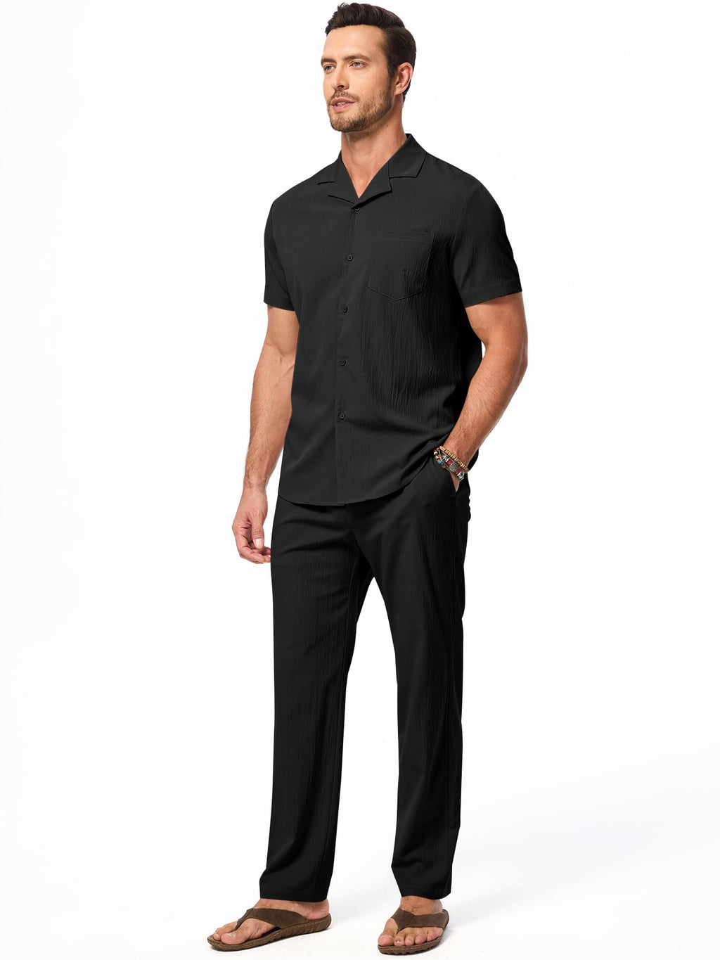 JMIERR Men Texture 2 Piece Outfit Short Sleeve Lightweight Beach Button Down Shirt Casual Pant Sets with Pocket