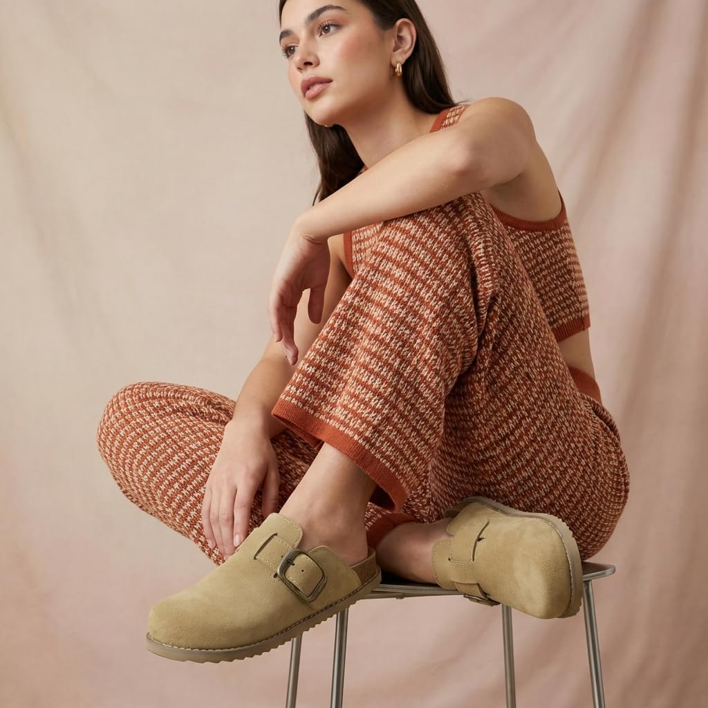 CUSHIONAIRE Blain Genuine Suede Clogs for Women | Slip-On Mules with Memory Foam & Oversized Buckle | Non-Slip Comfort Clogs & Mules Shoes for Women, Sand 10W