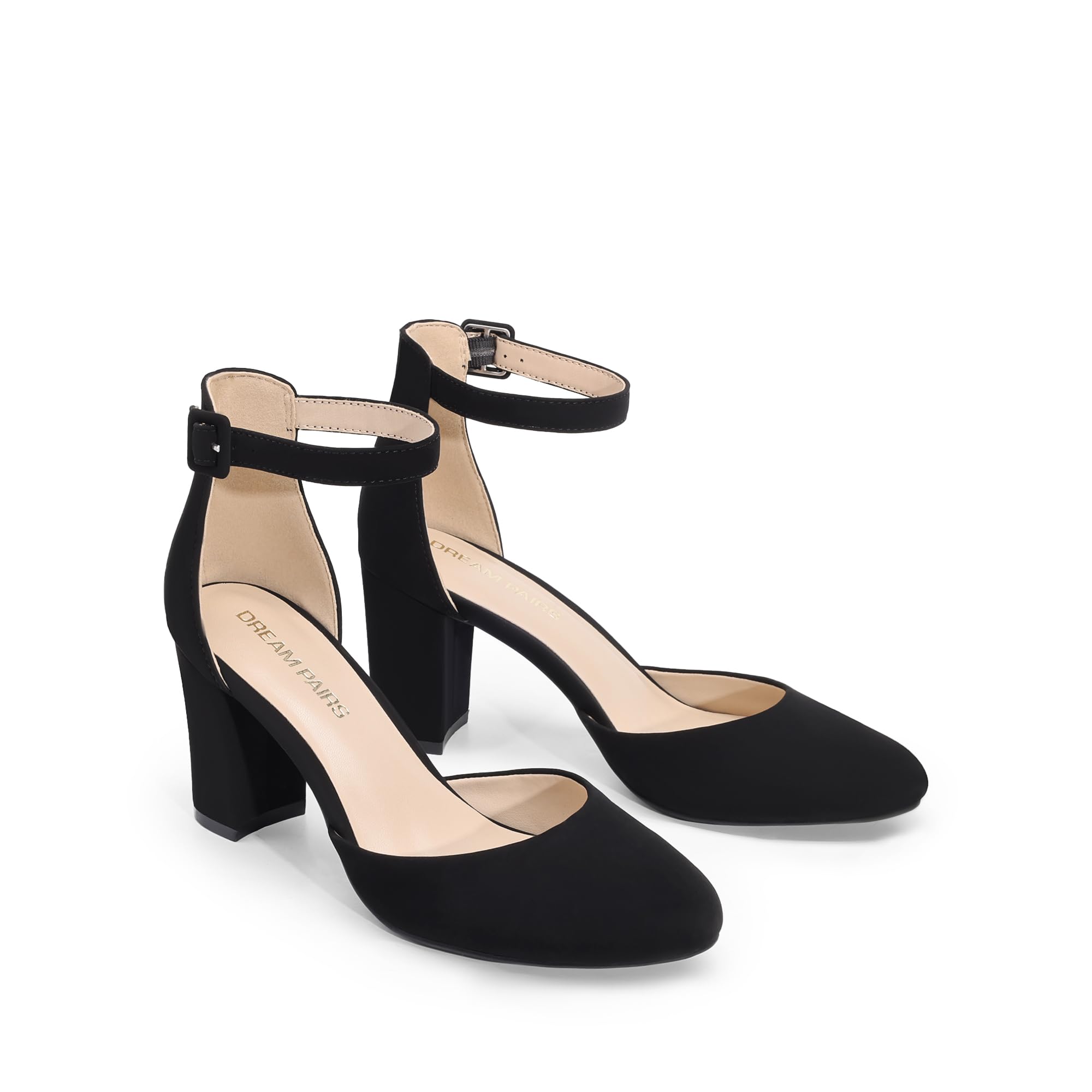 DREAM PAIRS Women's Closed Toe Chunky Heels Ankle Strap Low Block Heels Round Toe Dress Bridal Wedding Pumps Shoes,Size 9,Black-Nubuck,DWUMPU2535