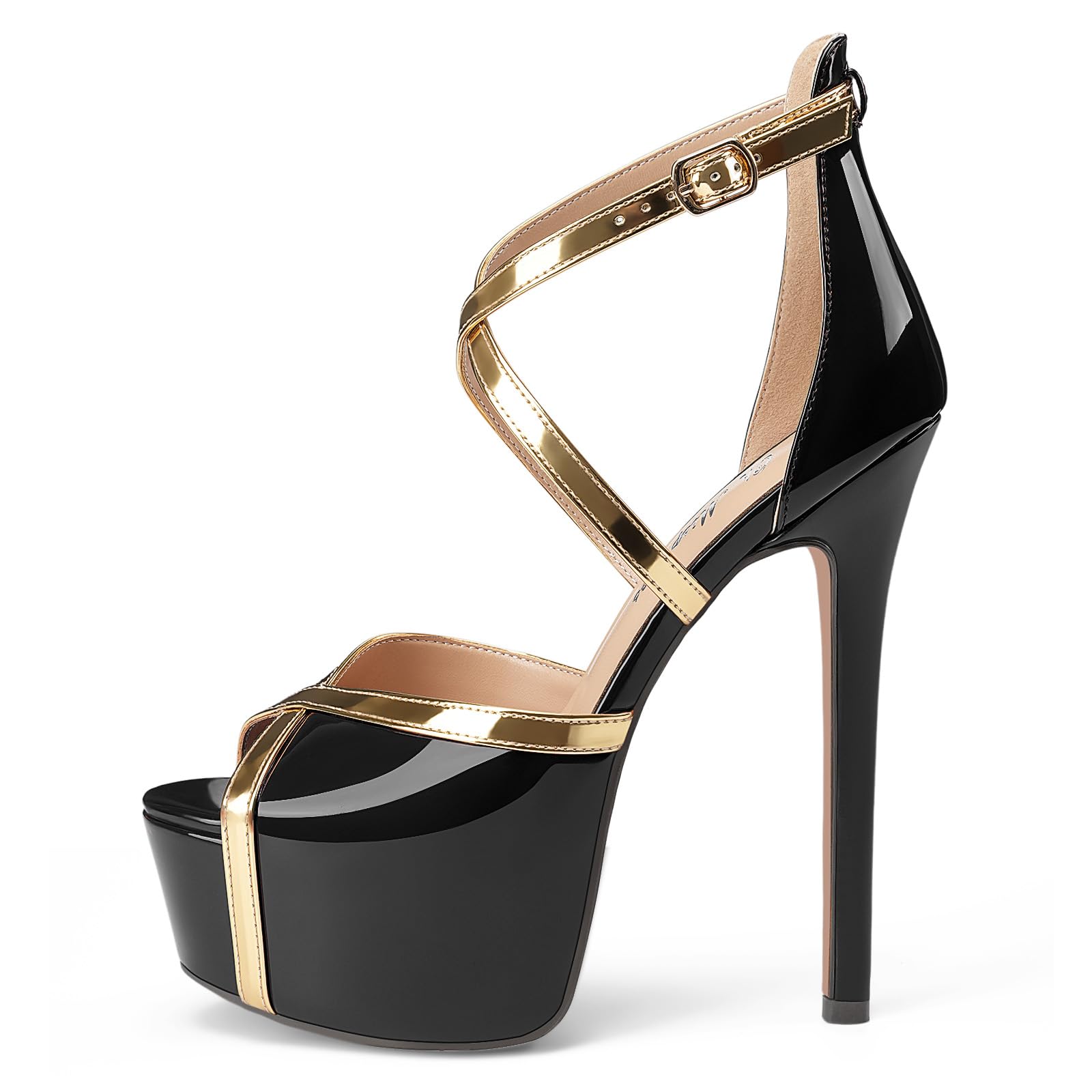 Oh Mispares Stiletto High Heel Sandals Platform Peep Toe Gold Crisscross Strappy Buckle Comfy 6 inch Heeled Pumps Shoes for Women Dressy(Black, Size 10)