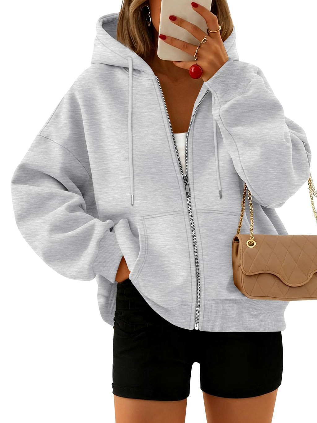Trendy Queen Zip Up Hoodies For Women Oversized Sweatshirts Fall Fashion Outfits 2026 Cropped Pullover Sweaters Y2k Fleece Jackets Comfy Gym Tops Teen Girls Clothes Grey S