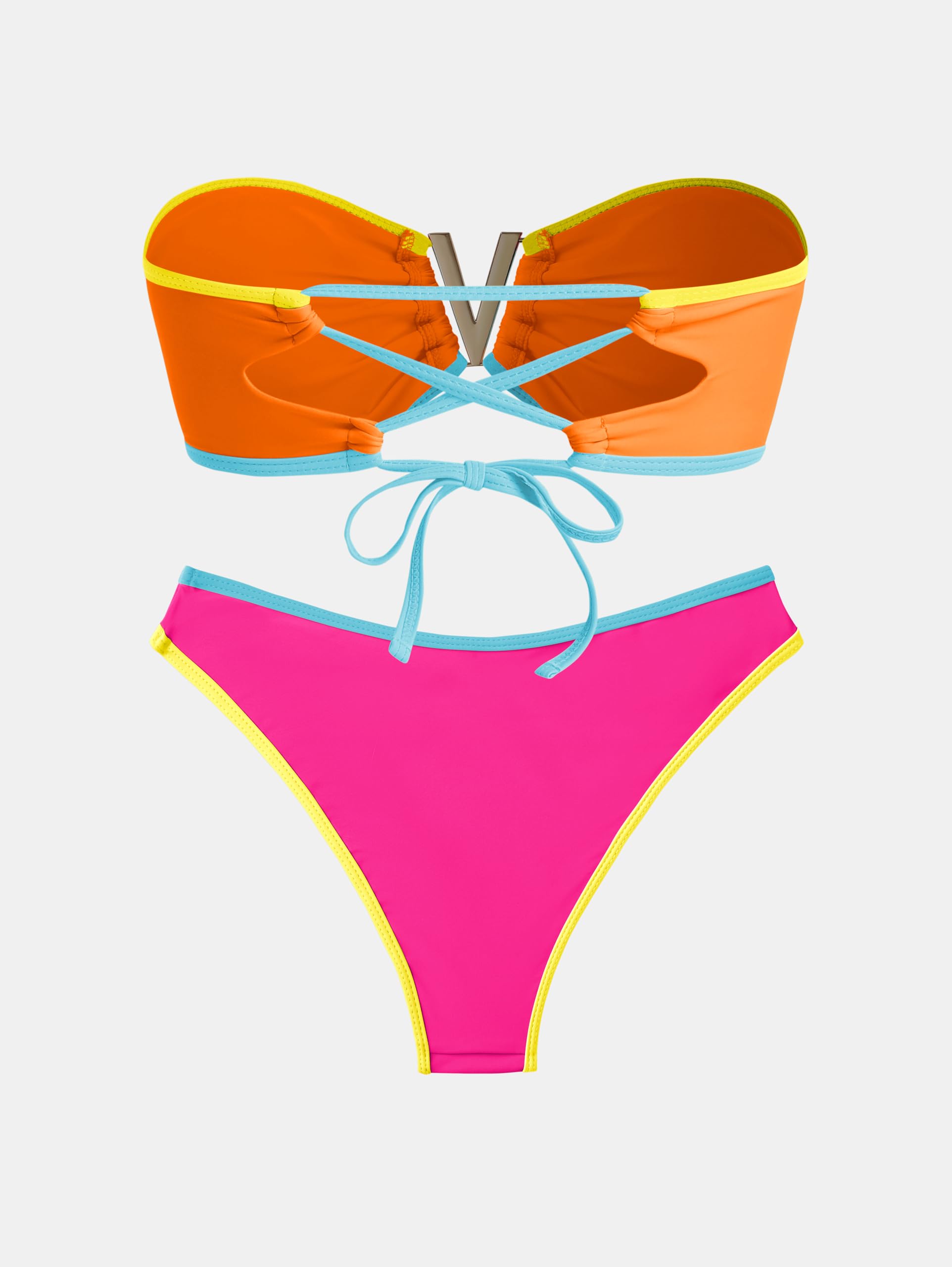ZAFUL Women's Bandeau Bikini V Strapless Confetti Colorblock Tie Back High Cut Two Piece Swimsuit Bathing Suits (1-Orange, M)