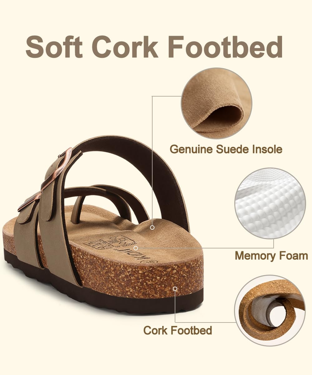 KIDMI Women's Cork Footbed Sandals with Toe Loop, Comfortable Summer Slip-On Slides with Adjustable Buckle, Brown 39