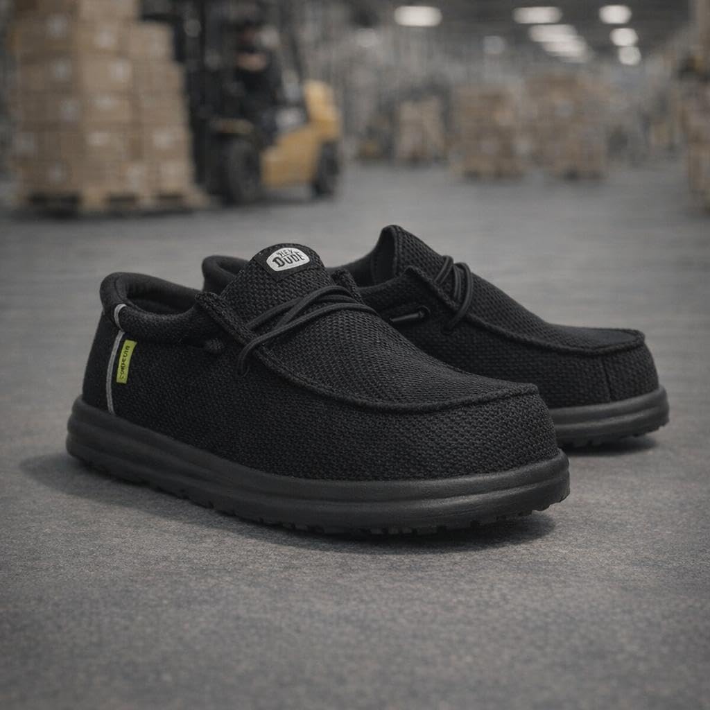 HEYDUDE Wally Work CT Wide Black/Black Size 10, Mens Shoes, Slip-on Loafers, Comfortable & Light-Weight