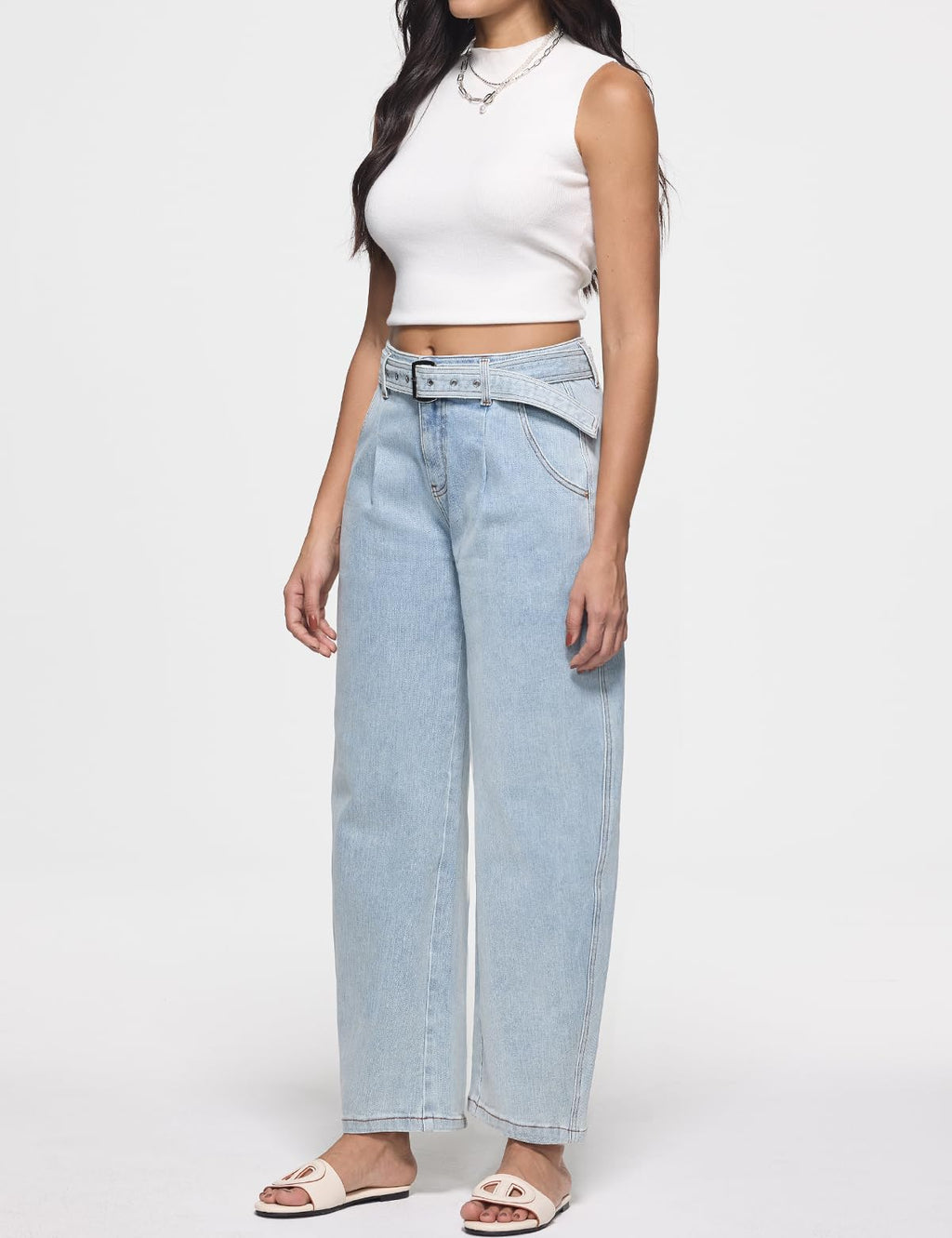 ZPIUO Barrel Jeans for Women - High Waisted Baggy Wide Leg Stretchy Denim Pants with Detachable Belt - Ice Blue Size 14