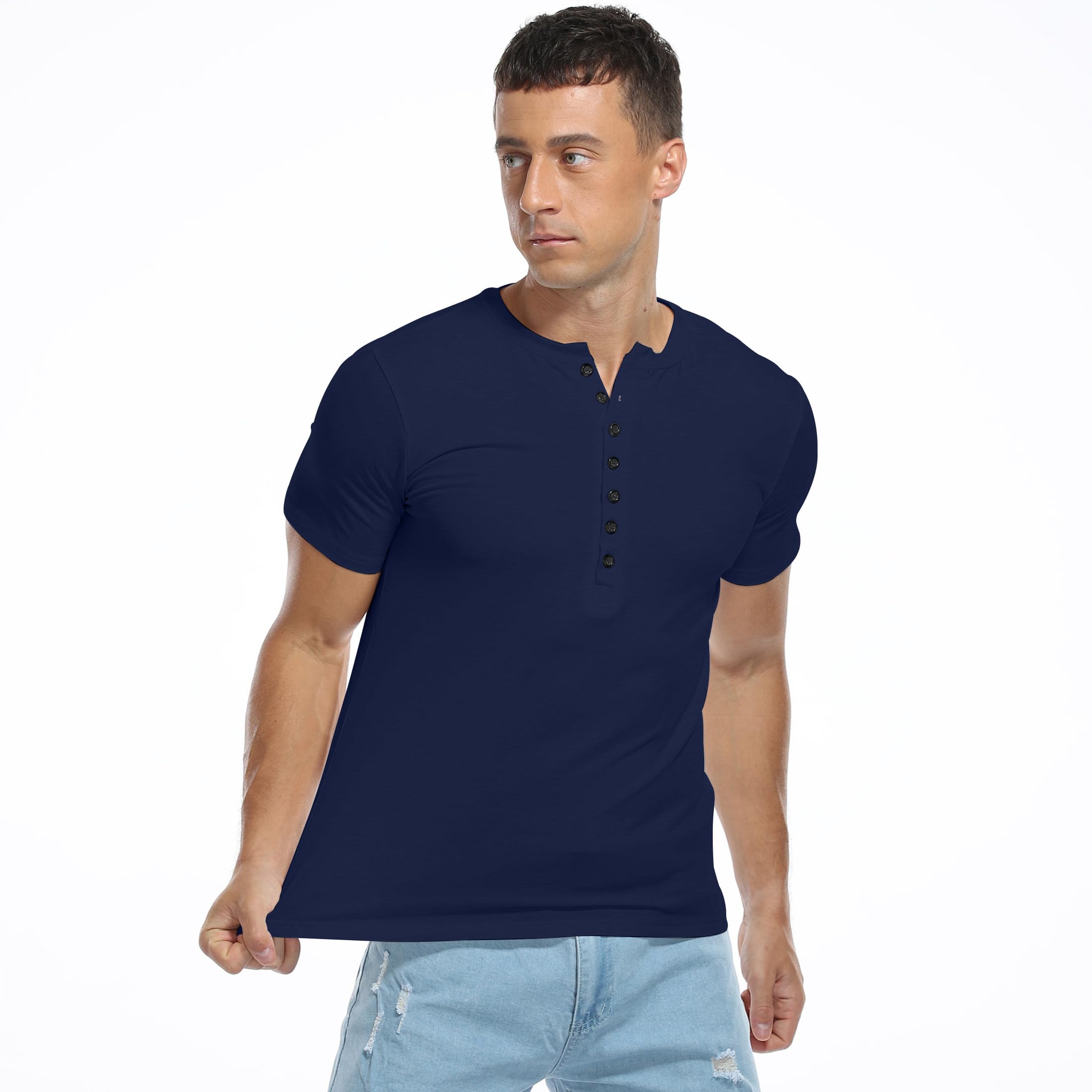 YTD Mens Casual Slim Fit Basic Henley Short Sleeve Fashion Summer T-Shirt M Navy