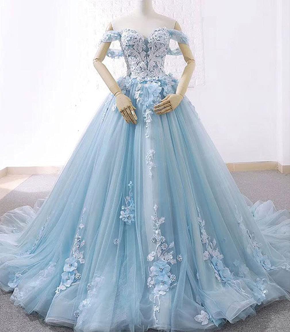 Ball Gown Tulle Off-The-Shoulder Sleeveless Applique Sweep/Brush Train Quinceanera Dresses Sky Blue