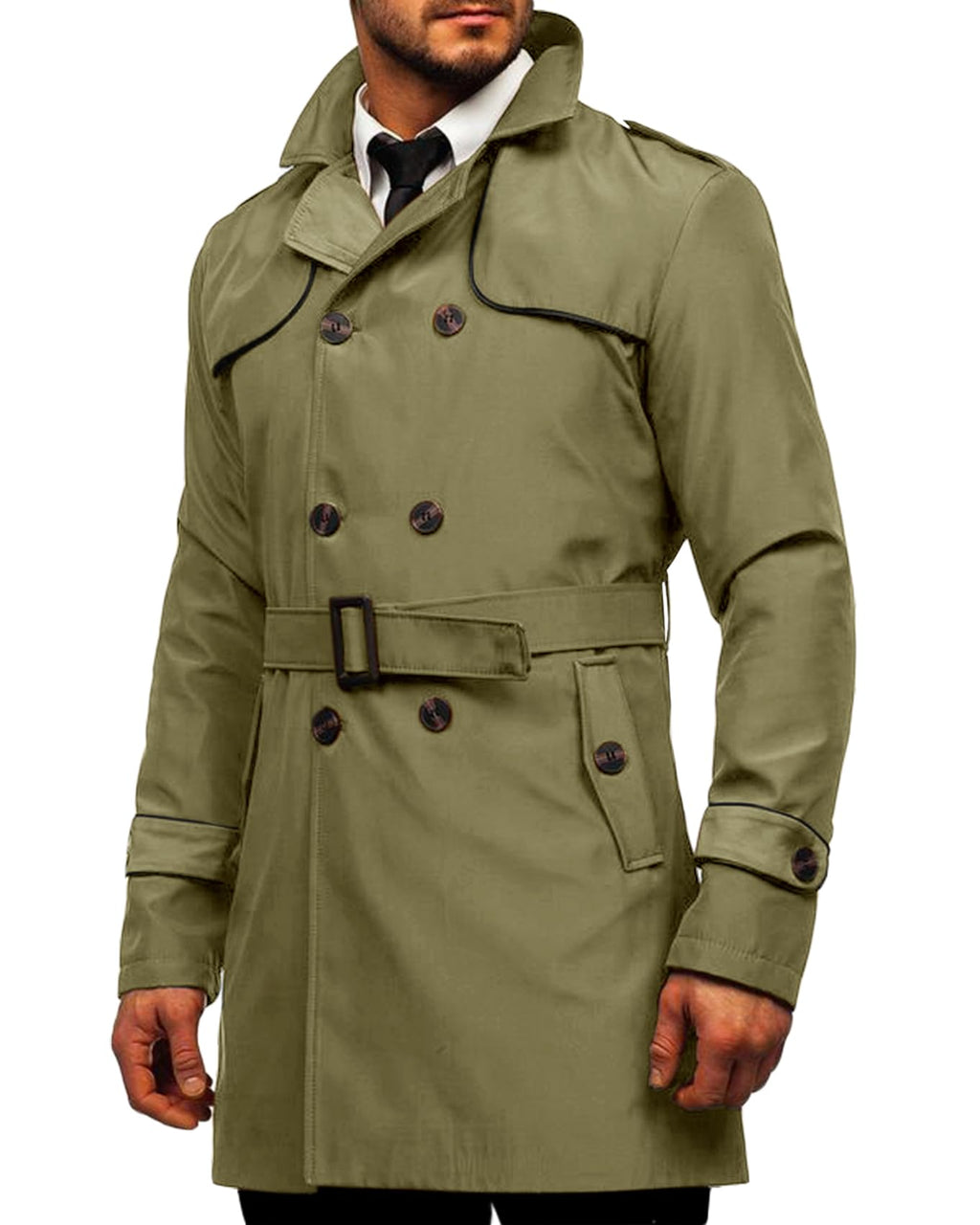 Makkrom Men's Trench Coat Slim fit Double Breasted Notched Lapel Belted Windbreaker Long Jacket Casual Windproof Overcoat