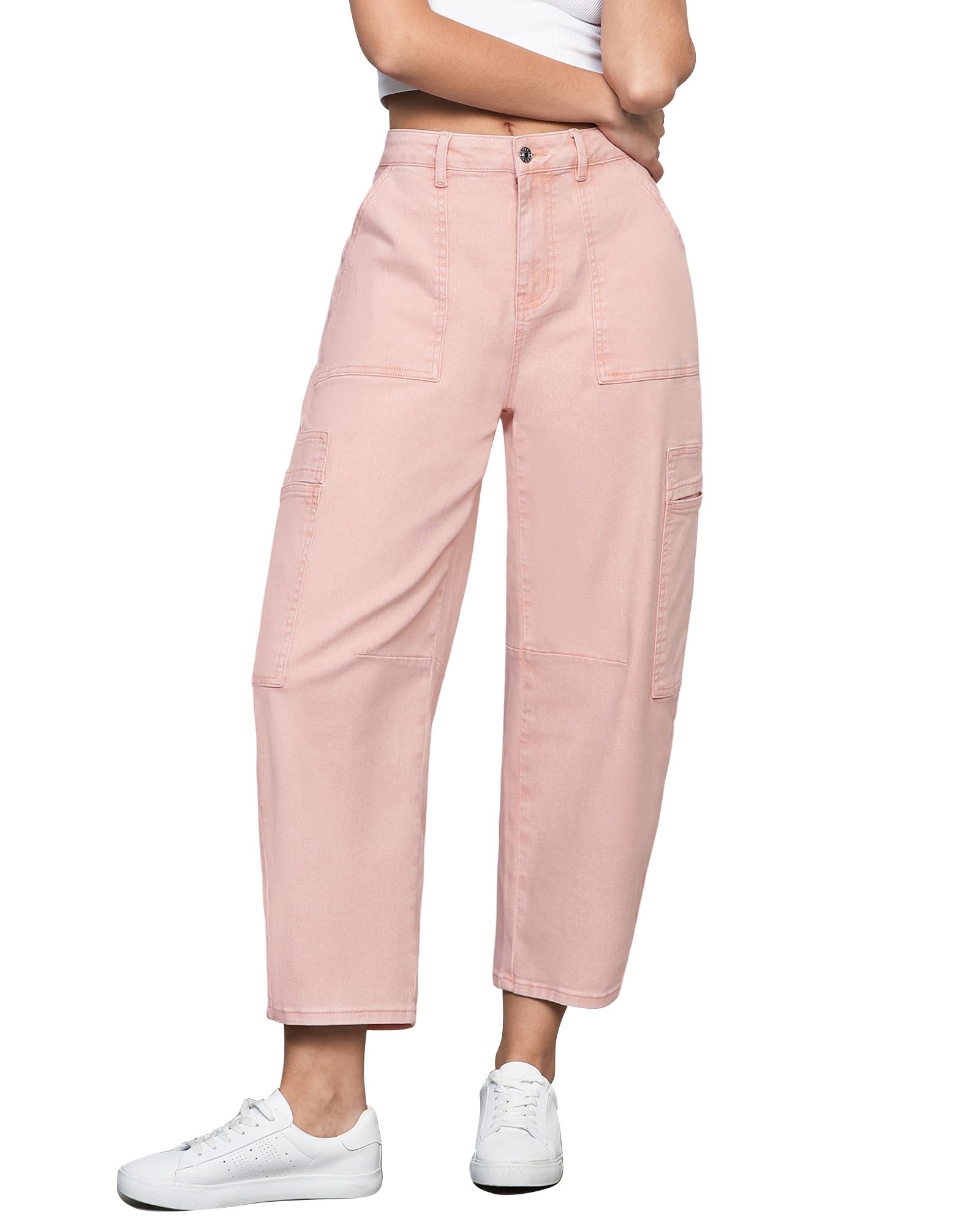 GRAPENT Women's Trendy Summer Casual Cropped Barrel Leg Stretchy Jeans - Candy Pink, Size 12 to 14