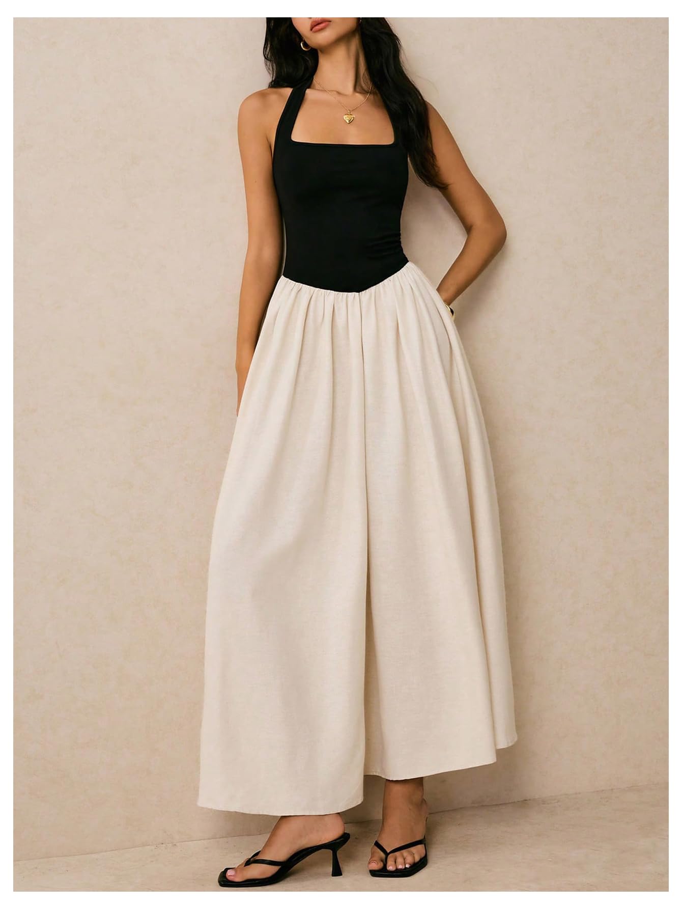 SOLY HUX Women's Halter Maxi Dress Color Block Sleeveless Backless A Line Flowy Going Out Party Long Dresses Multicoloured Small