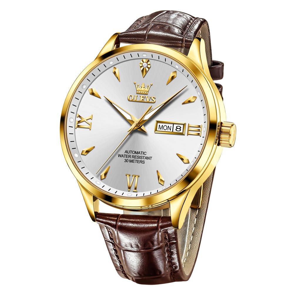 OLEVS Men Watch Brown Leather Automatic Watches for Men Luxury Dress Men's Watch with Date Waterproof Large Face Self Winding Gold Watches for Man