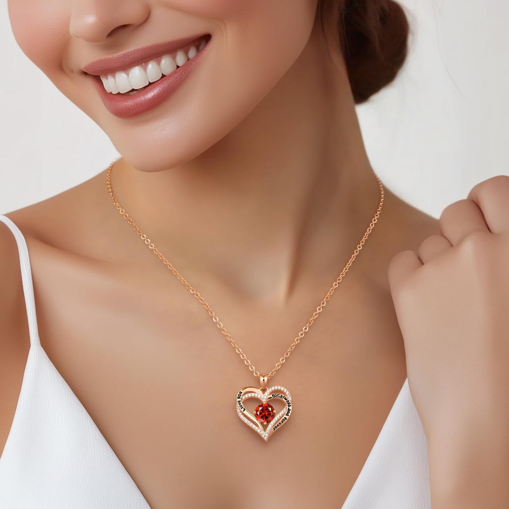 CDE Valentine's Day Gift Forever Love Heart Necklaces for Women, Wedding Anniversary, Birthday Mothers Christmas Day Gifts for Mom, Mother, Wife, S925 Silver Jewelry with Birthstone Pendant (Brass Rose Gold, Rose Gold-01/07-Jan/July)