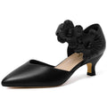 RIBONGZ Black Kitten Heels for Women Low Closed Toe Dressy Pumps Comfortable Slip On Flower Dress Shoes for Wedding Dancing Party Office Work Size 6