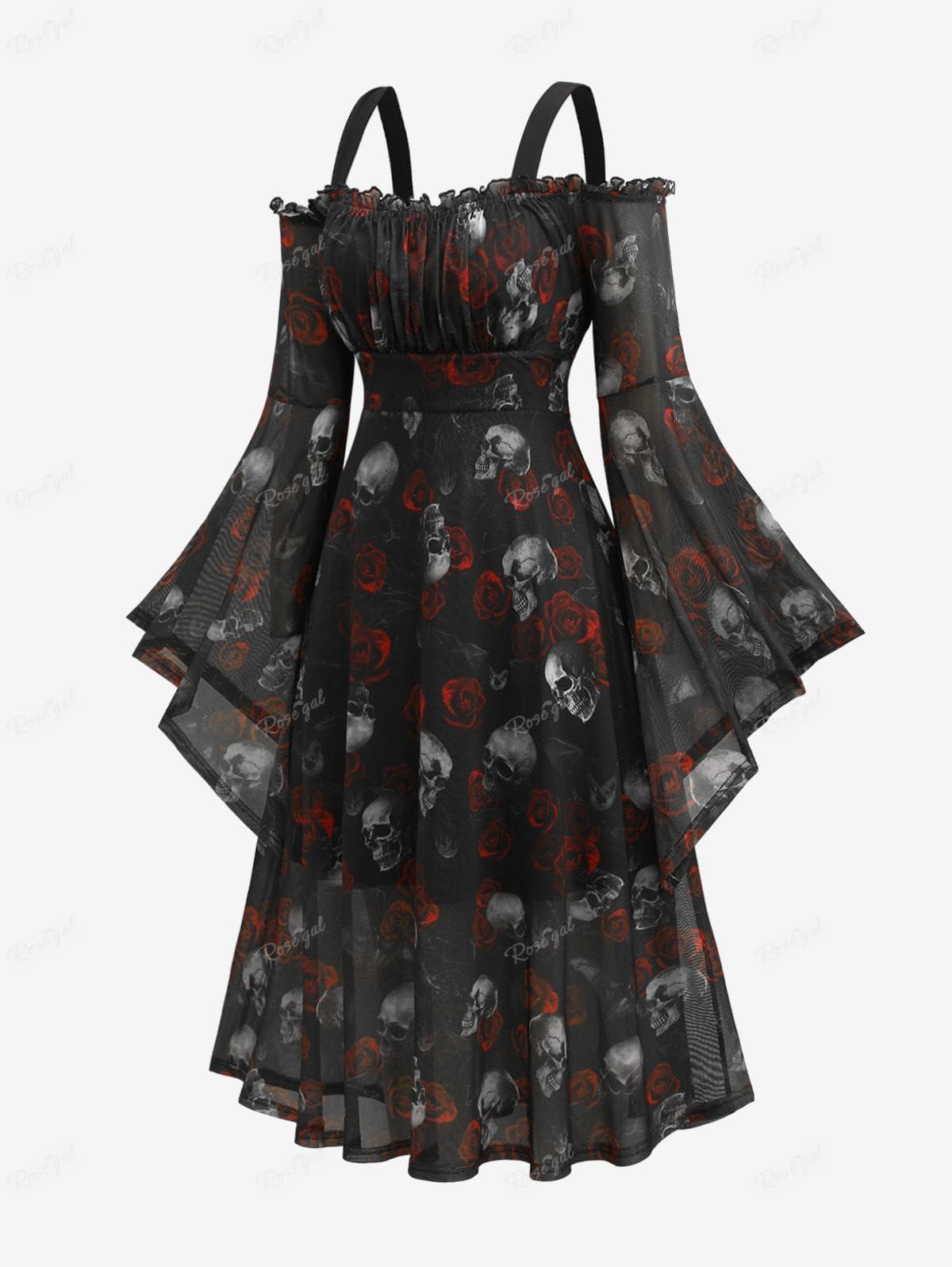 Rosegal Plus Size Women Medieval Renaissance Costume - Gothic Bell Sleeves Cold Shoulder Skulls Rose Mesh Dress - Halloween Witch Cosplay (Black 2/L)