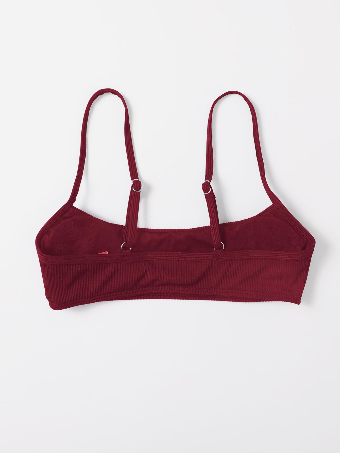 WDIRARA Women's Bandeau Swim Top Spaghetti Strap Ribbed Textured Wireless Bikini Tops Burgundy Medium