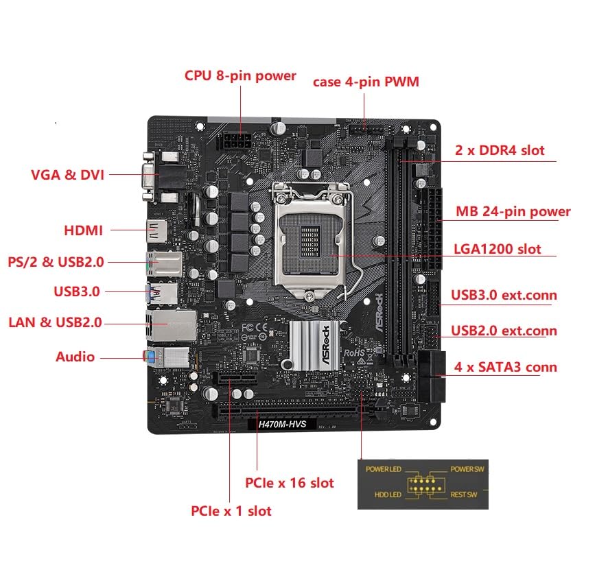 ASRock H470M-HVS Micro-ATX Motherboard: Intel 10th Gen LGA1200, DDR4 2933MHz, HDMI/D-Sub, 4X SATA3, 4X USB 3.2 Gen1, Realtek ALC897