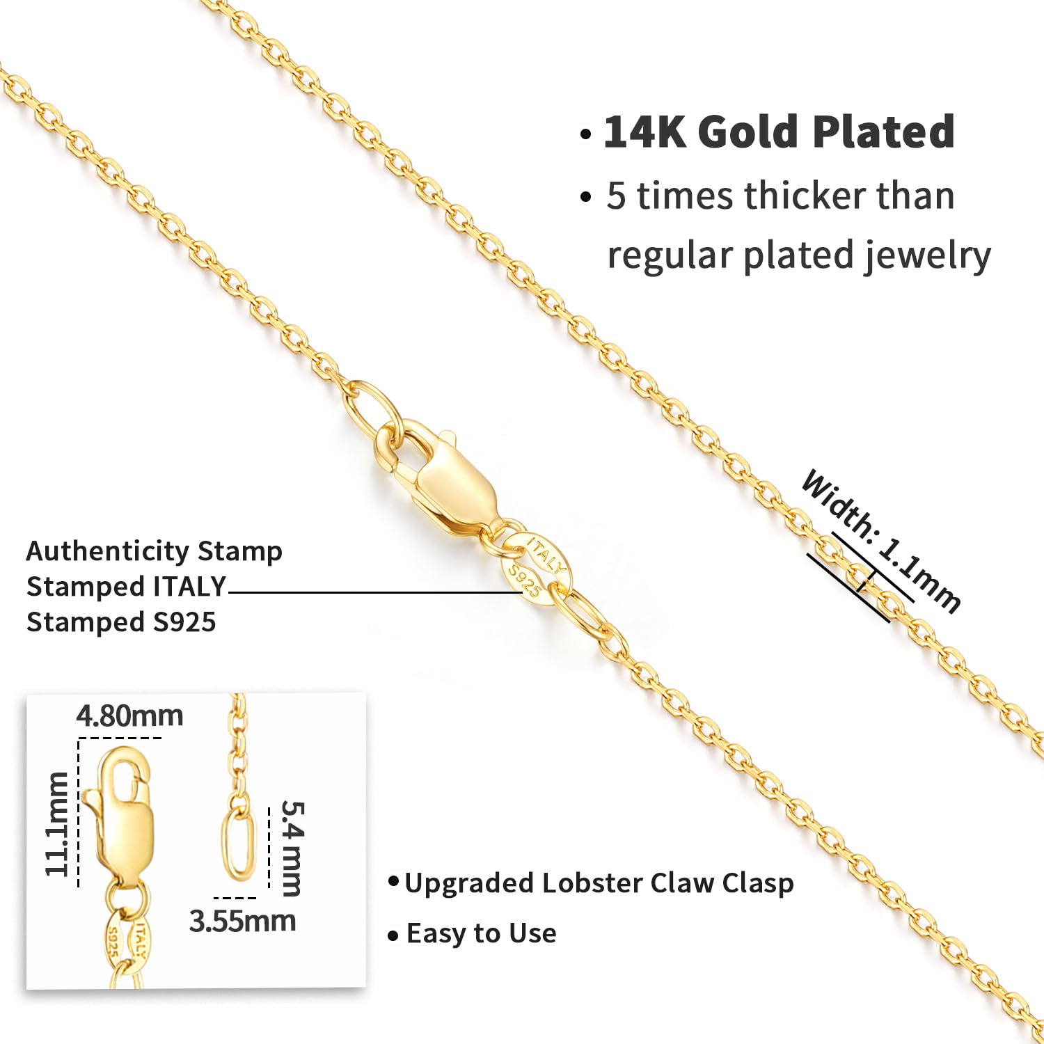 Jewlpire 14K Gold Plated Chain Necklace for Women, 1.1mm Cable Chain Necklace 14K Gold Plated Chain for Women Comfortable Women's Chain Necklace 16 Inch