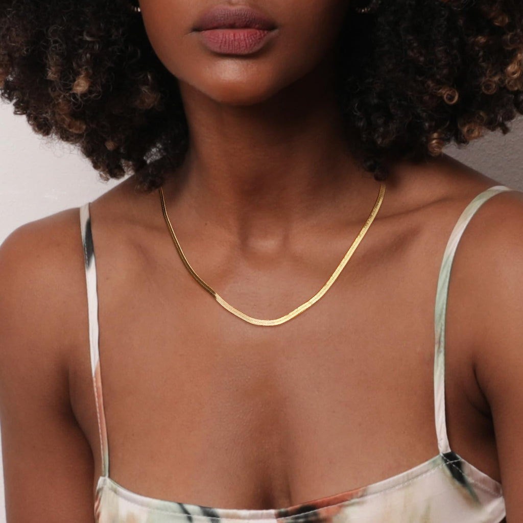 Jewlpire 18K Gold Plated Snake Chain Necklace for Women, 3mm Herringbone Necklace Choker Necklaces for Women, Women Chain Necklaces 16 Inch
