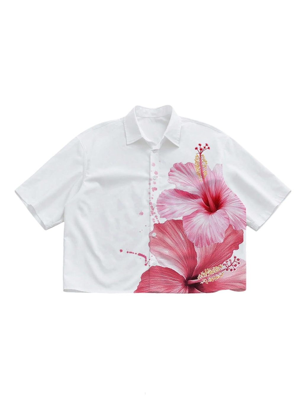 VIPWOLF Men's Oversized Cropped Shirts Button Down Short Sleeve Baggy Floral Beach Summer Shirt Crop Tops White Small