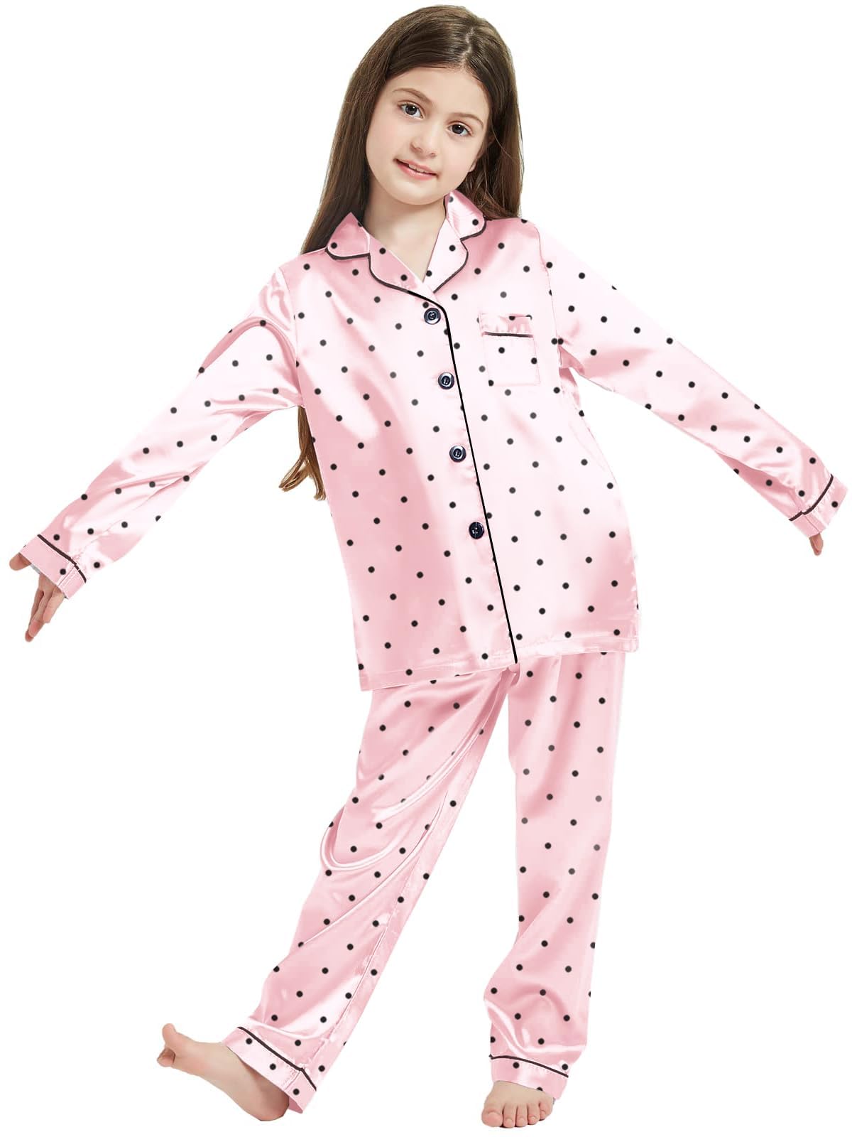 Schbbbta Silk Satin Pajamas for Girls Womens Loungewear Two-Piece Sleepwear Button-Down Pj Set, T - Pink Polka Dots, 5-6 Years = Tag 130