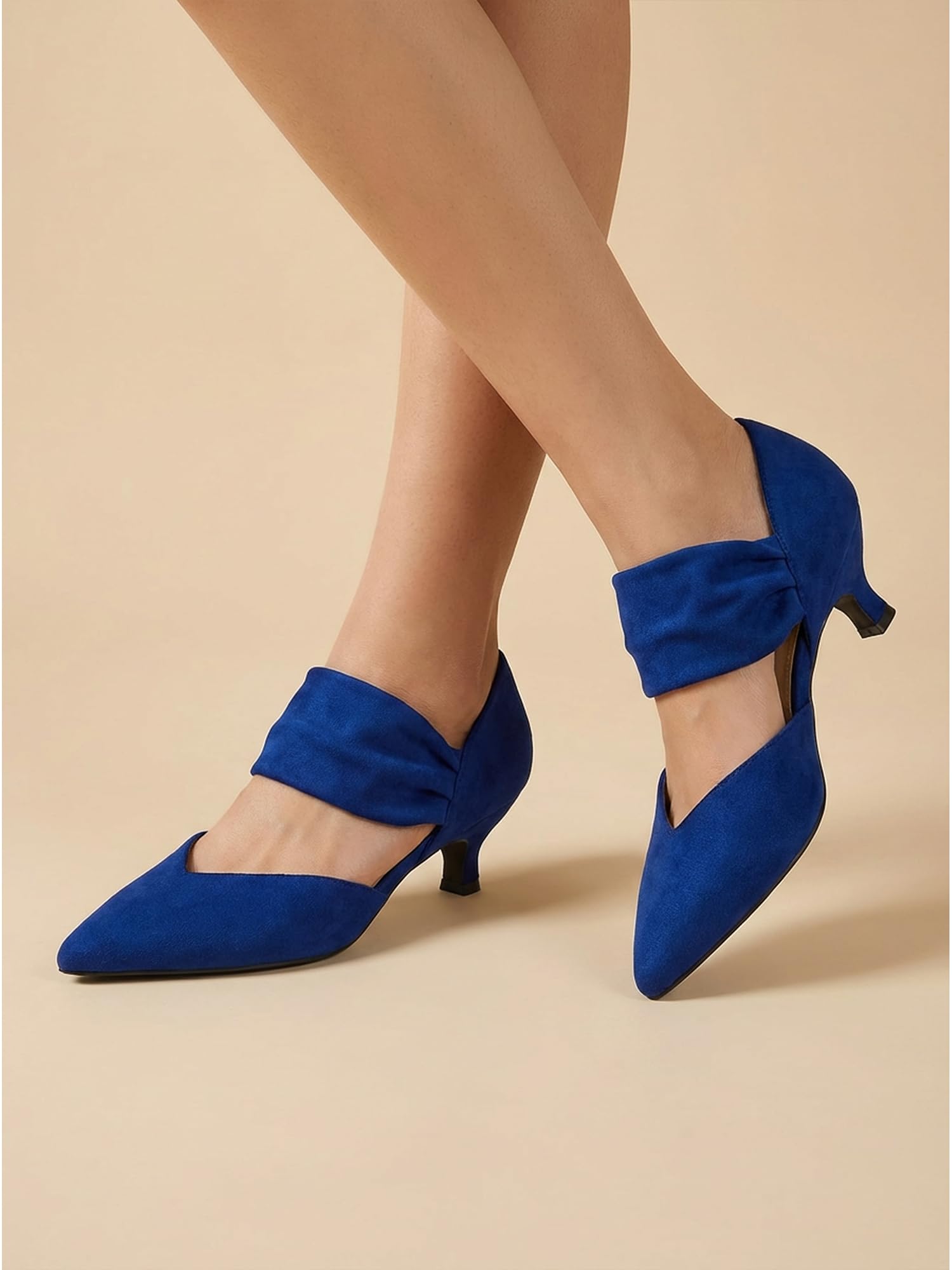 GotSoft Womens Low Kitten Heels Pointed Toe Slip on Pumps Ankle Strap Elegant Party Wedding Dress Shoes, Suede Blue, Size 8.5