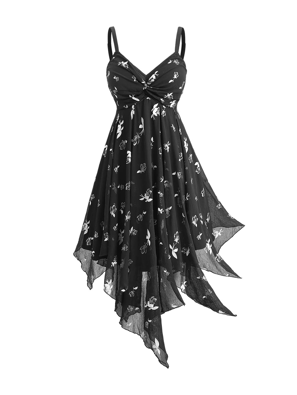 ROSE GAL Women Plus Size Gilding Florals Butterfly Print Twist Empire Waist Handkerchief Hem Backless Midi Cami Flowy Dress(Black/2X)