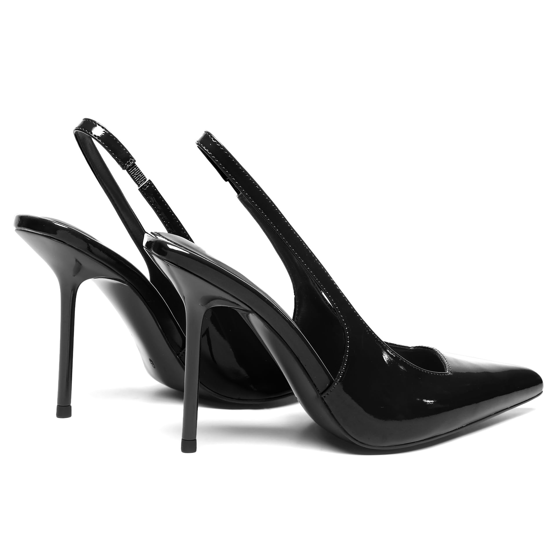 Women's Slingback Stiletto High Heels Pointed Toe Slip On Pumps Shoes Patent Leather Stretch Strap Backless Dress Heels Black