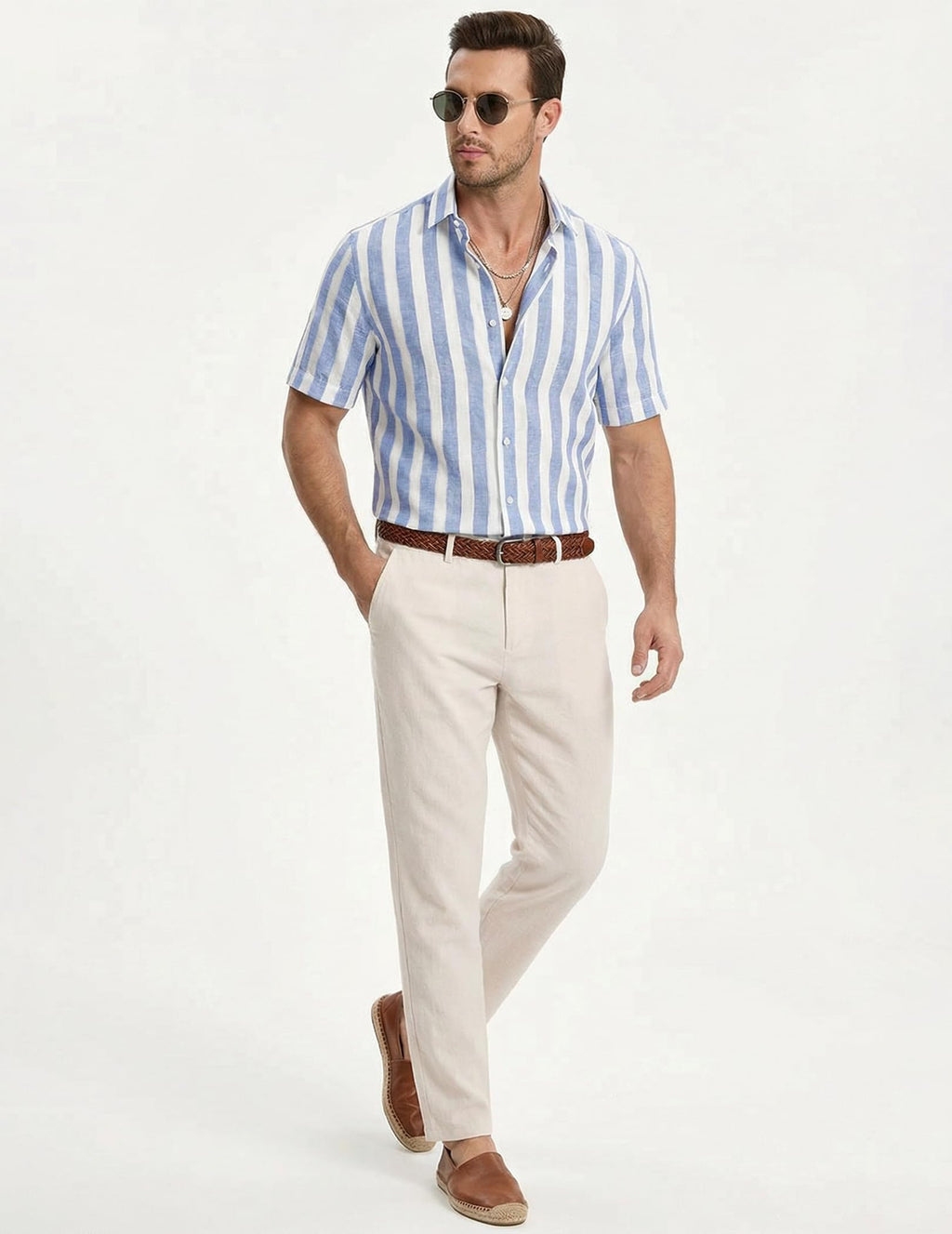 JMIERR Men's Summer Casual Stylish Short Sleeve Button-Down Shirts Cotton Linen Vertical Striped Business Dress Shirts Beach Shirt, L, Sky Blue