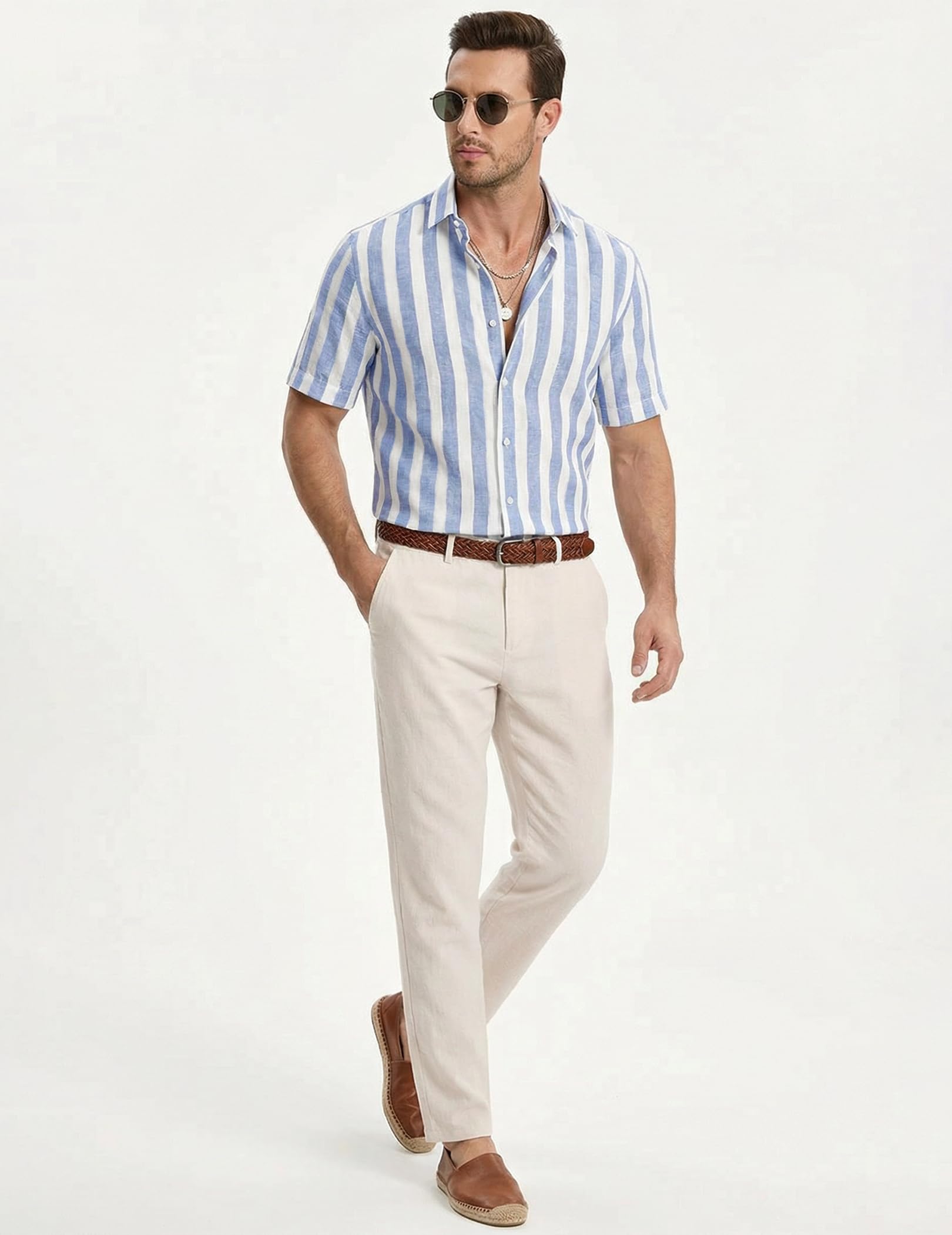 JMIERR Men's Summer Casual Stylish Short Sleeve Button-Down Shirts Cotton Linen Vertical Striped Business Dress Shirts Beach Shirt, L, Sky Blue