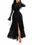 GothDark Womens Elegant Polka Dot Mesh Long Sleeve Dress Bell Sleeve Layered Ruffle Split Formal Wedding Guest Dresses