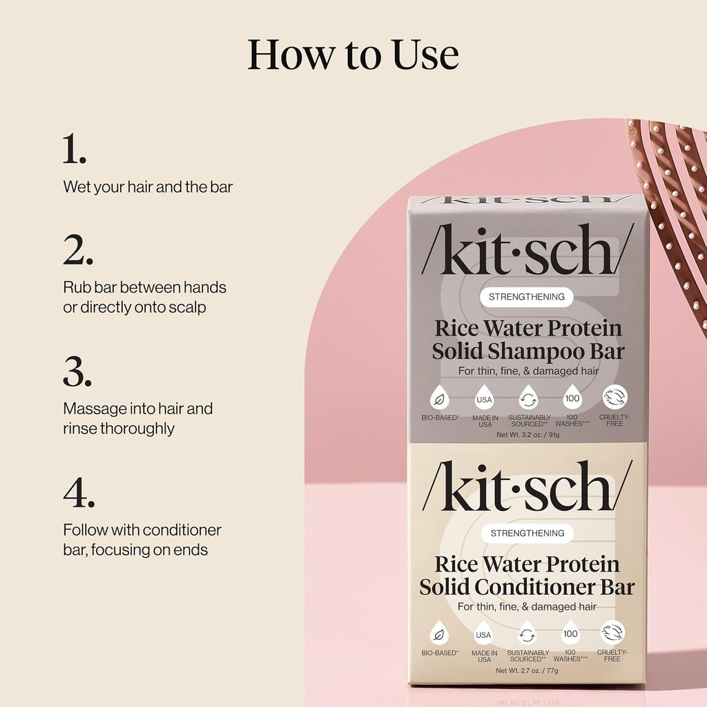 Kitsch Rice Water Shampoo & Conditioner Set – Solid Shampoo & Conditioner Bar with Protein for Hair Growth, Strengthening Hair & Damage Repair – Paraben, Sulfate & Silicone Free – 2 Pack