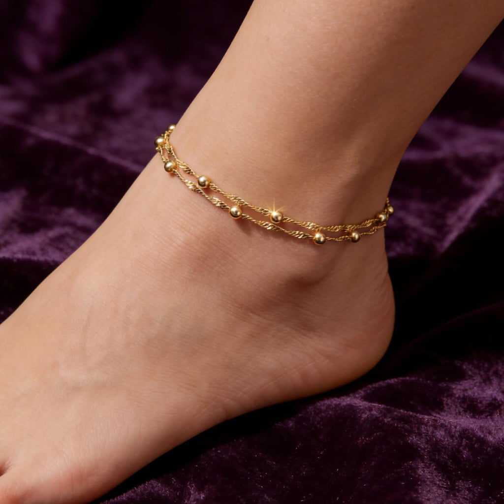 Midari 18K Yellow Gold Plating Bracelet for Women Double-Layer Twisted Cuban Link Layered Anklet Bracelet Adjustable Size 9.5"+2''