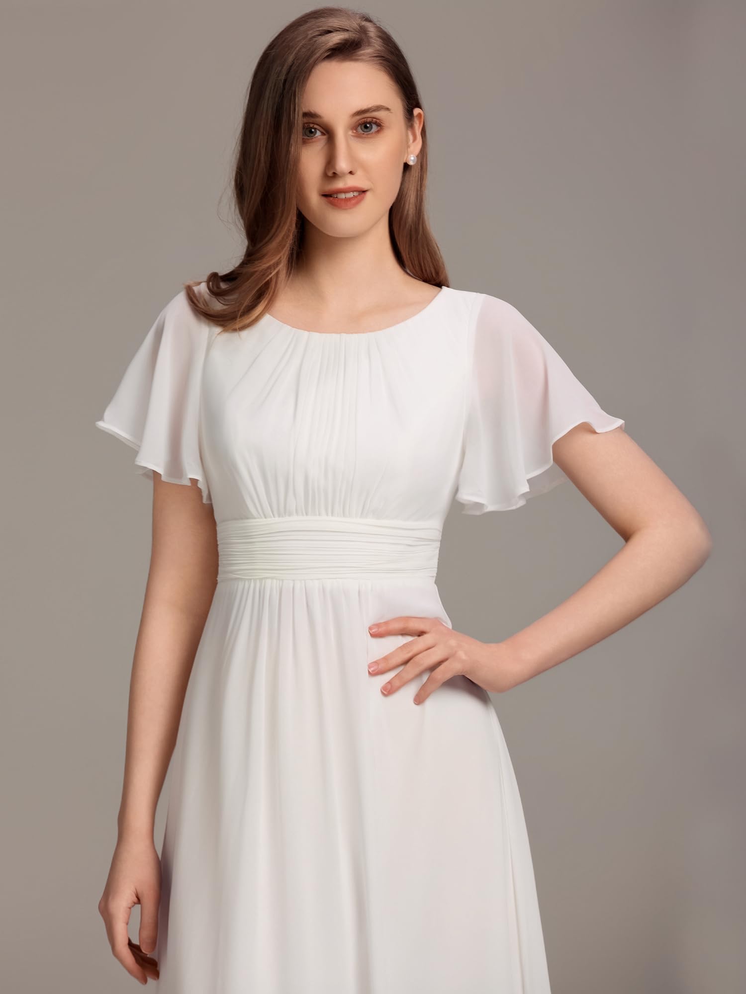 Ever-Pretty Women's Spring Elegant Round Neck Short Sleeve Chiffon Empire Waist Floor Length Formal Dresses Bridesmaid Dress White US14