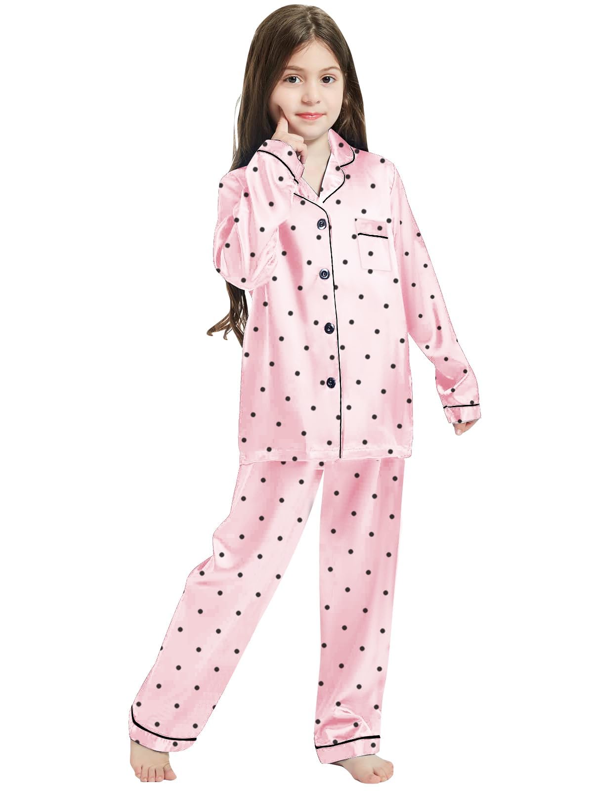 Schbbbta Silk Satin Pajamas for Girls Womens Loungewear Two-Piece Sleepwear Button-Down Pj Set, T - Pink Polka Dots, 5-6 Years = Tag 130