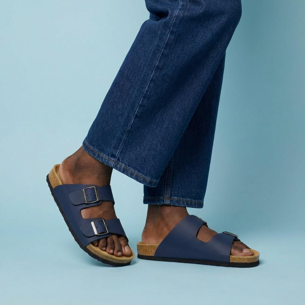 CUSHIONAIRE Lane Cork Footbed Mens Sandals, Adjustable Buckle Comfort Slides for Men, Genuine Leather Insole Summer Sandals Men Footwear, NAVY 8