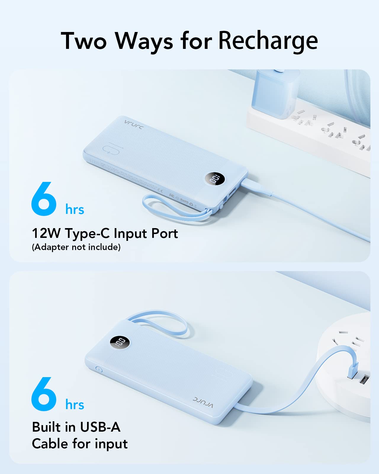 VRURC Portable Charger for iPhone, Built in Cables & Lanyard Power Bank 10000mAh, Compact USB C Charging Bank 5 Outputs for Multi Devices,Travel Essential for Hiking Camping Business Cruise Ship-Blue