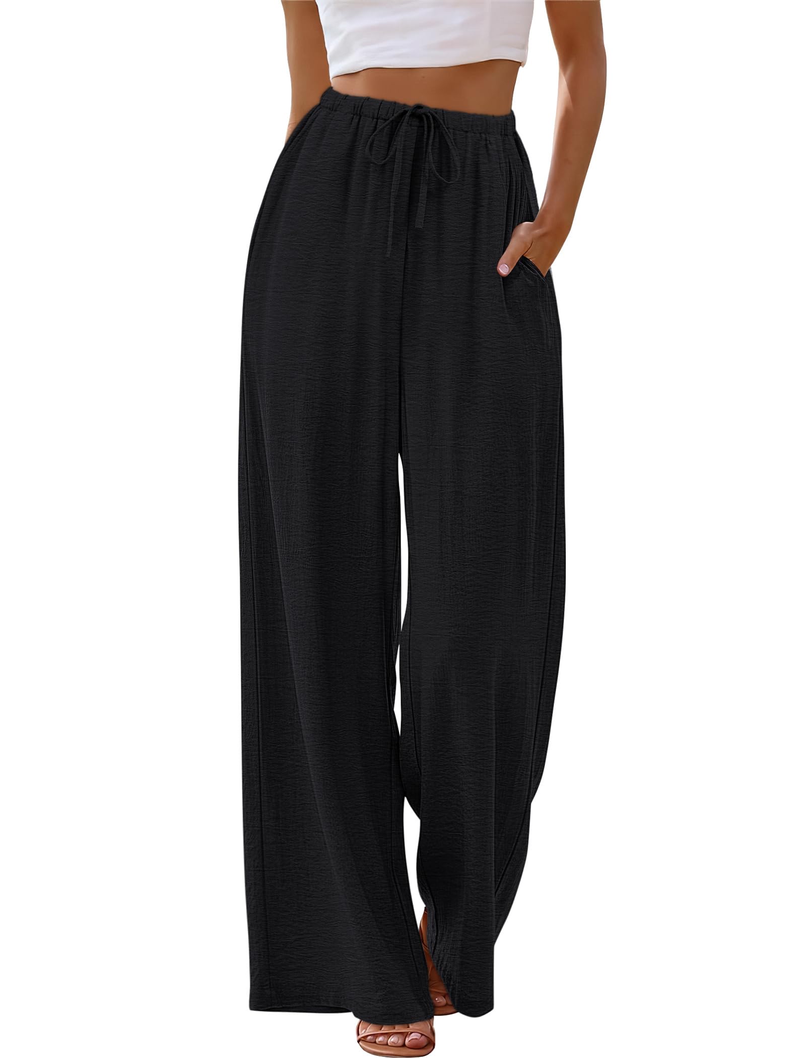 Sampeel Pants for Women Wide Leg Black Linen Pants Flowy Palazzo Fashion Clothing Boho Summer Vacation Outfits Cruise 2026 Beach Pant Business Casual Outfits Work Trousers M