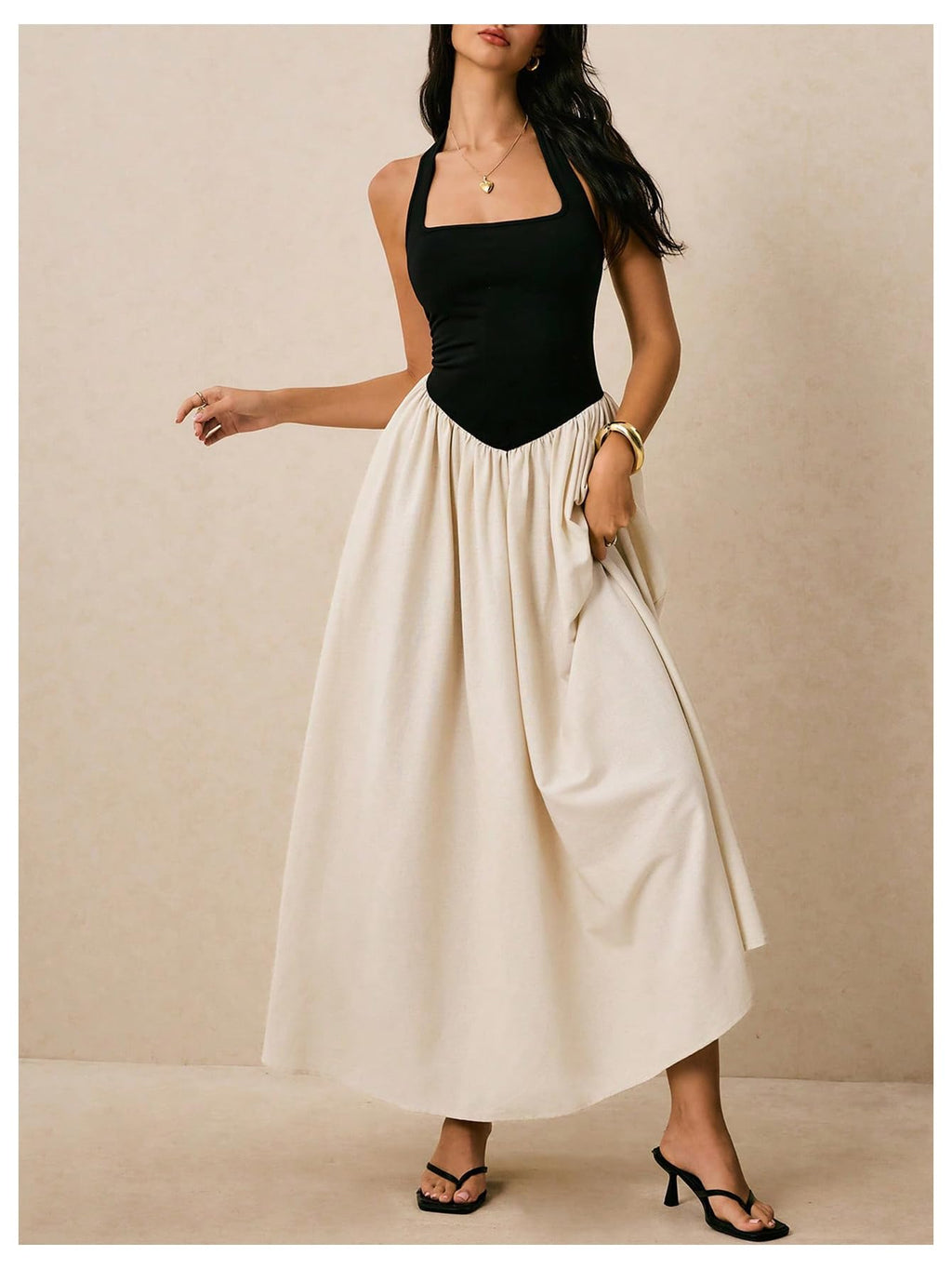 SOLY HUX Women's Halter Maxi Dress Color Block Sleeveless Backless A Line Flowy Going Out Party Long Dresses Multicoloured Small