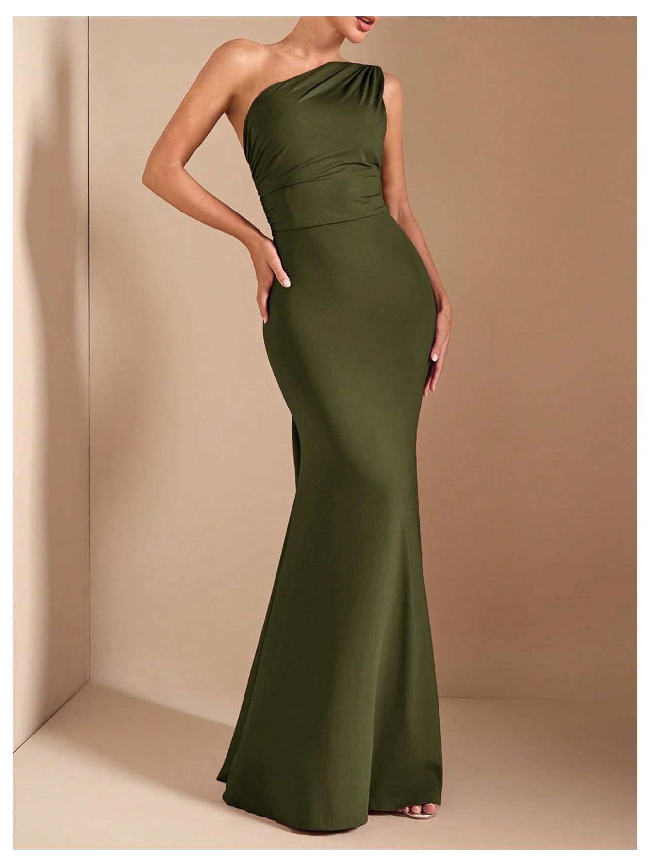 Verdusa Women's One Shoulder Maxi Formal Dresses Tie Backless Wedding Guest Dress Elegant Festival Date Night Outfits Army Green Small