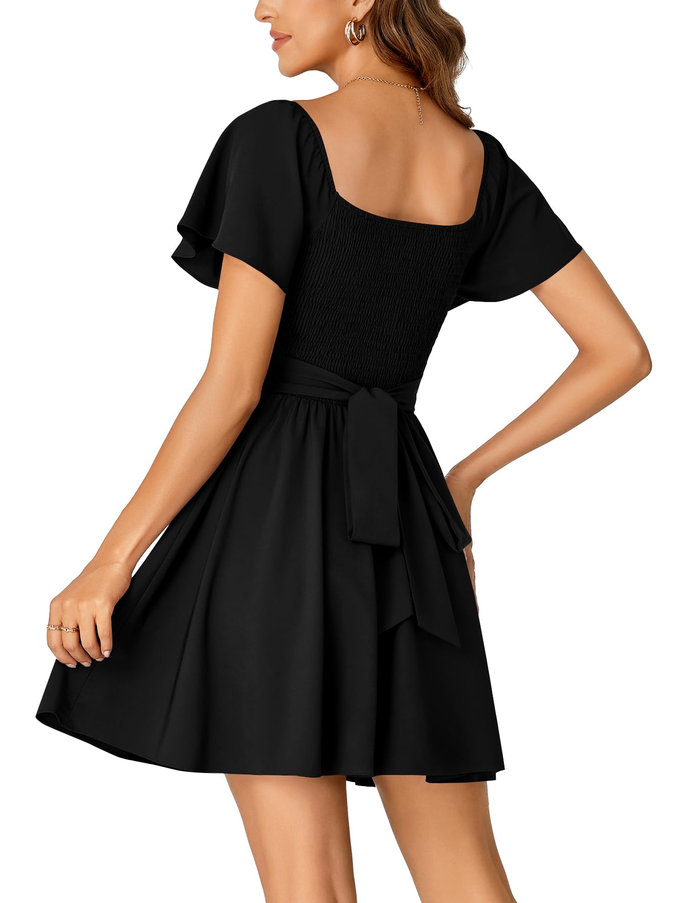 Rooscier Women's Tie Back Square Neck Wrap Ruffle Short Sleeve Flare Mini Dress Black Medium
