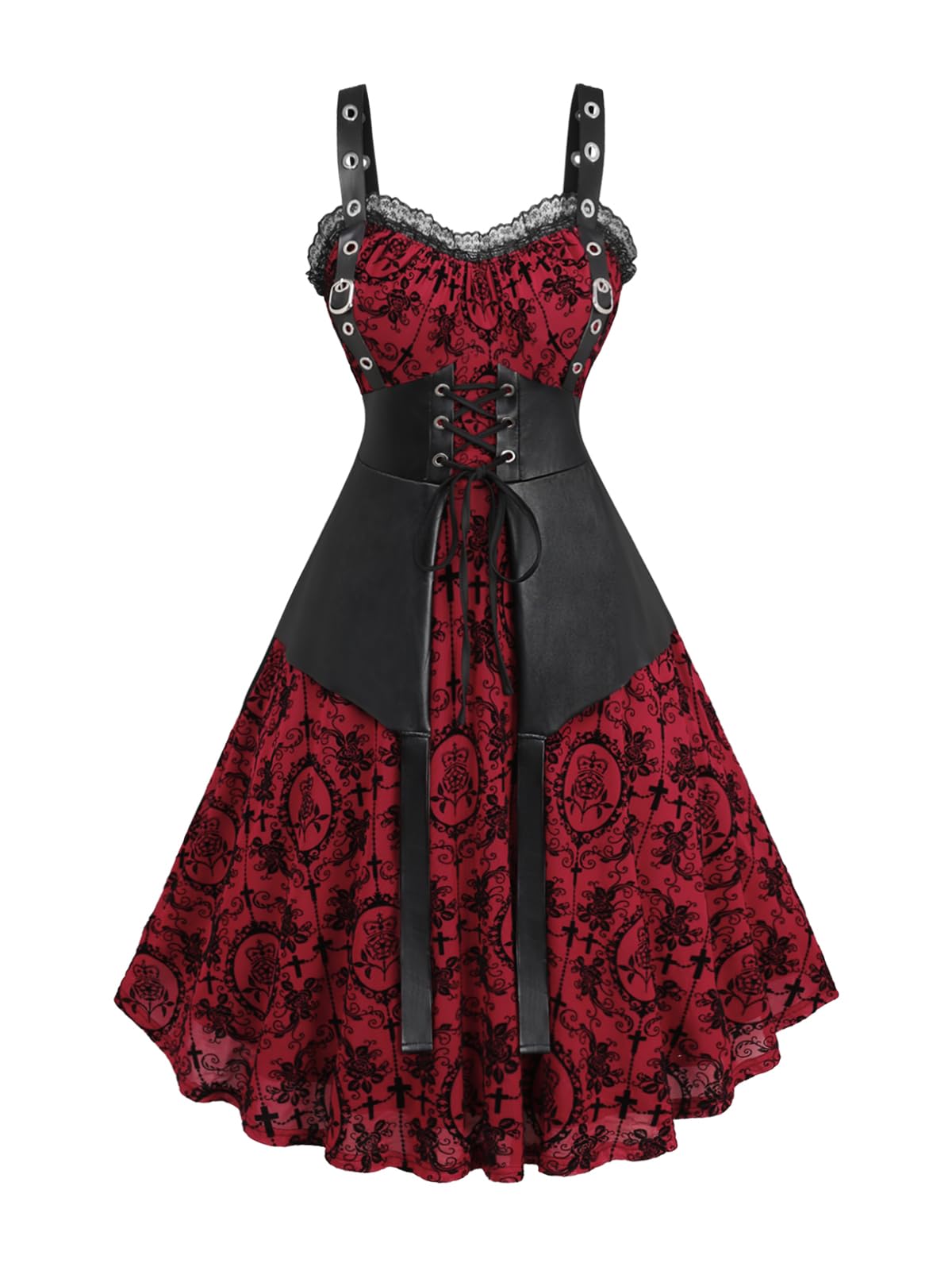 ROSE GAL Women Plus Size Gothic Lace-up PU Leather Patchwork Flocking Midi Dress Buckles Lace Trim Vintage Goth Midi Dress(Red_2/1X)