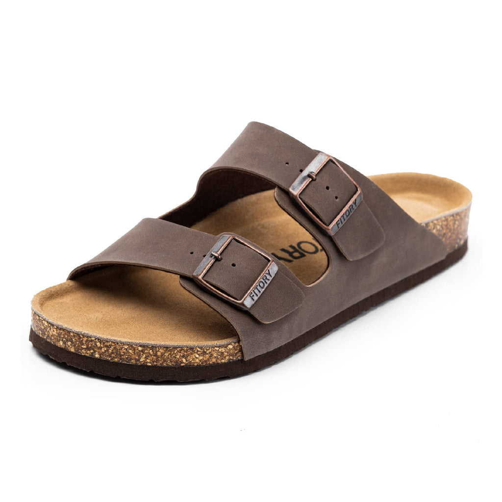 FITORY Mens Leather Insole Sandals with Two Buckles,Open Toe Slides for Indoor and Outdoor Brown Size 10-10.5