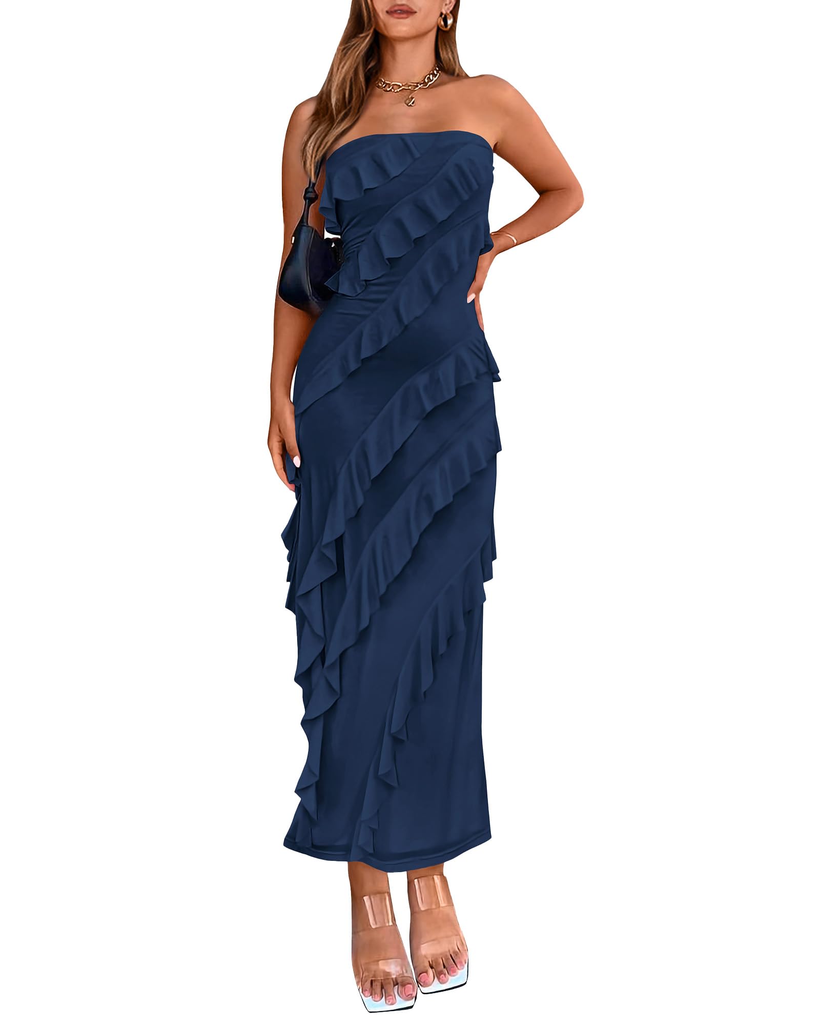 BTFBM Women Summer Elegant Strapless Midi Ruched Bodycon Dress Solid Color Stretch Mesh Slim Party Cocktail Dresses