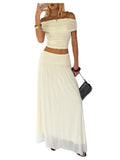 WDIRARA Women's 2 Piece Skirt Outfits Ruched Off Shoulder Top Maxi Skirt Set Beach Vacation Outfits Apricot Medium