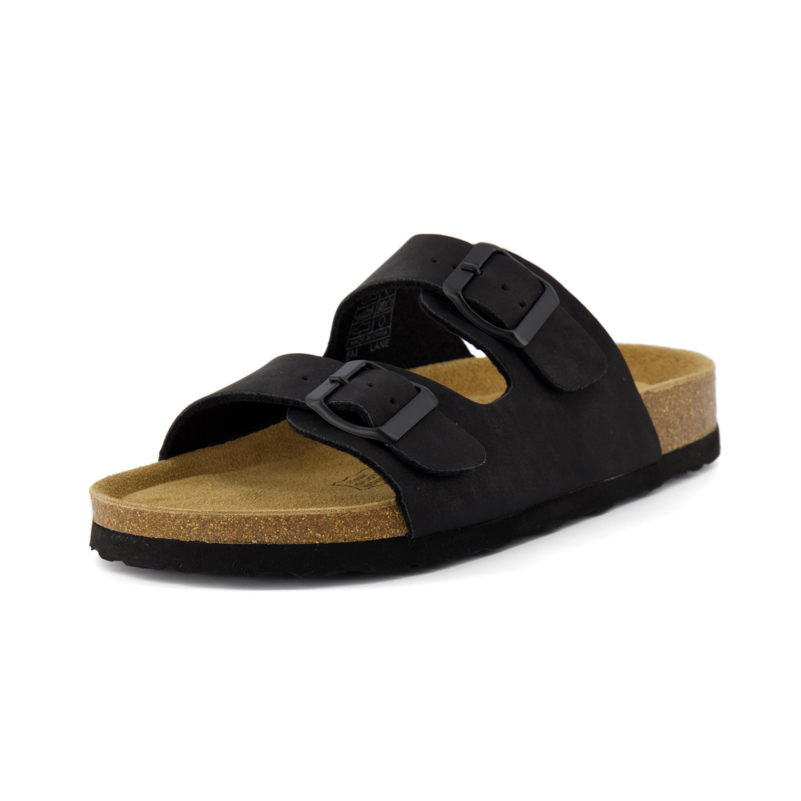 CUSHIONAIRE Lane Cork Footbed Womens Sandals Comfortable Double Buckle Slip On Sandals for Women with Arch Support and Classic Two Strap Design, BLACK 6.5