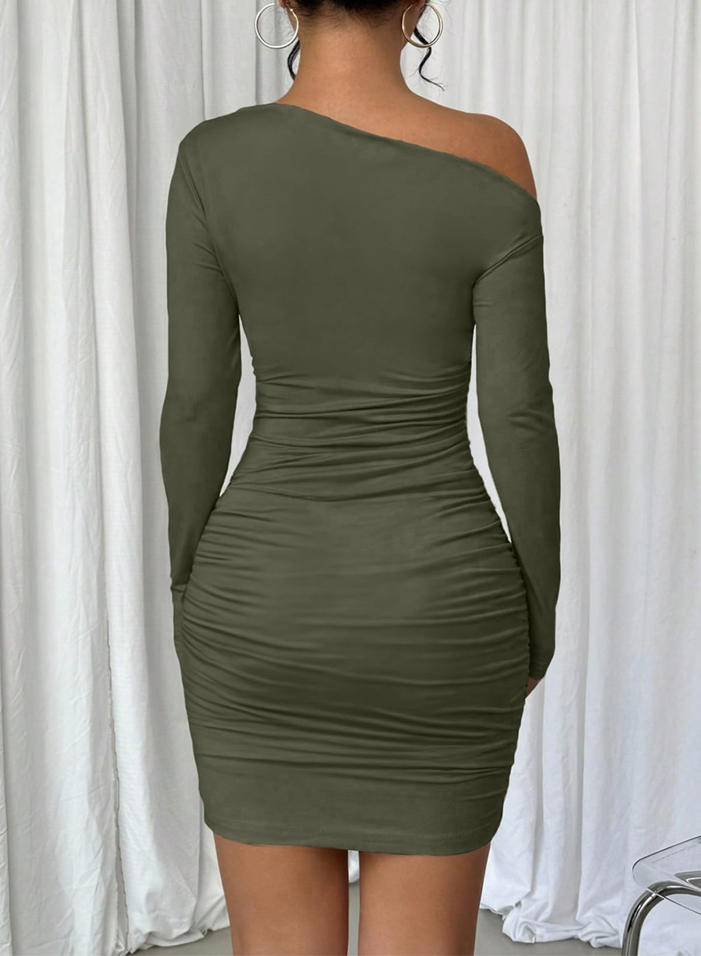 Acelitt Fall Off the Shoulder Dresses for Women 2025 Long Sleeve Ruched Bodycon Cocktail Party Mini Dress Green Large