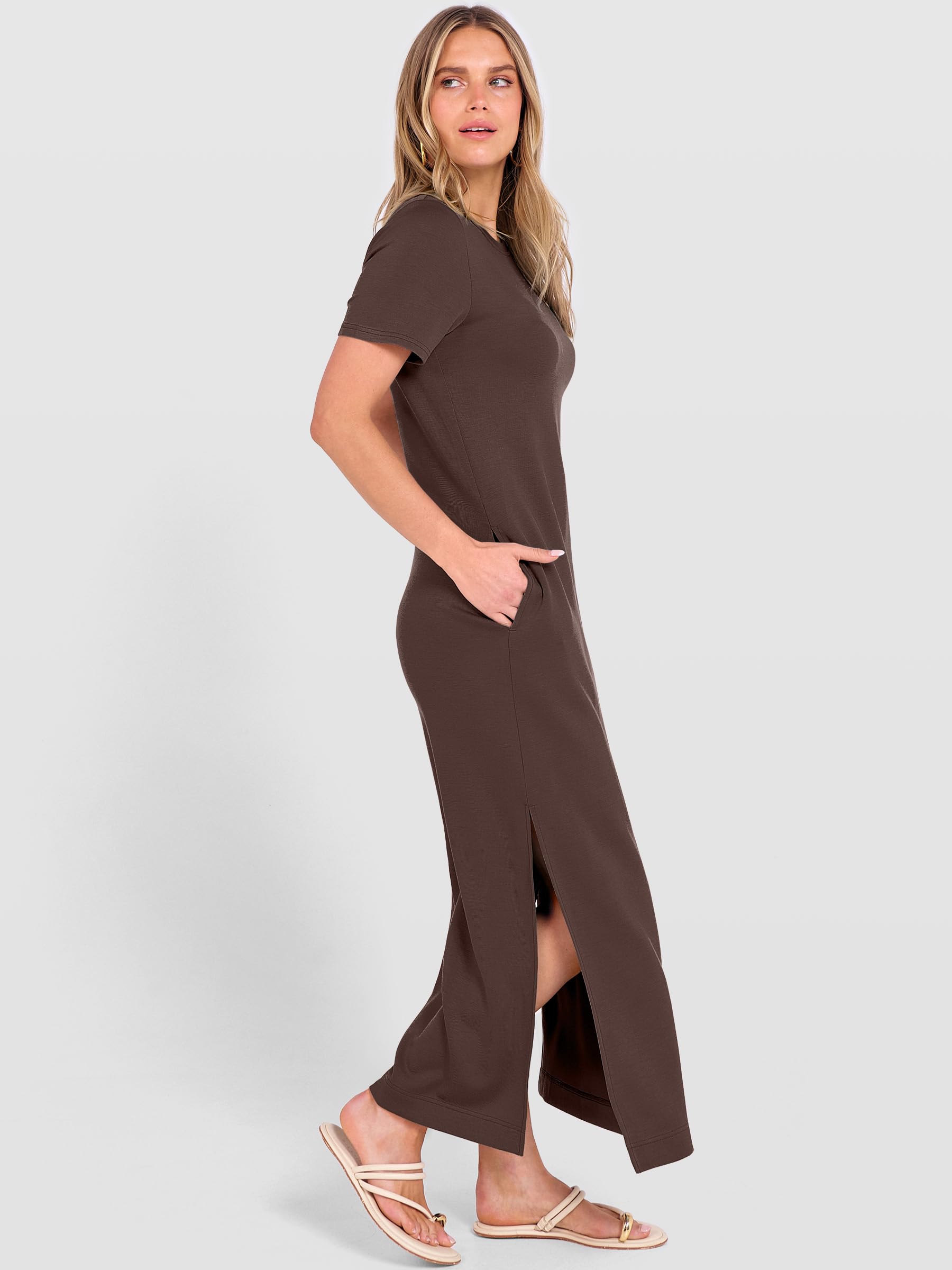 ANRABESS Womens Summer Casual Maxi Dress Short Sleeve Crewneck Split Wrinkle-Free Travel Long Sundress Beach Vacation Clothes Brown X-Large