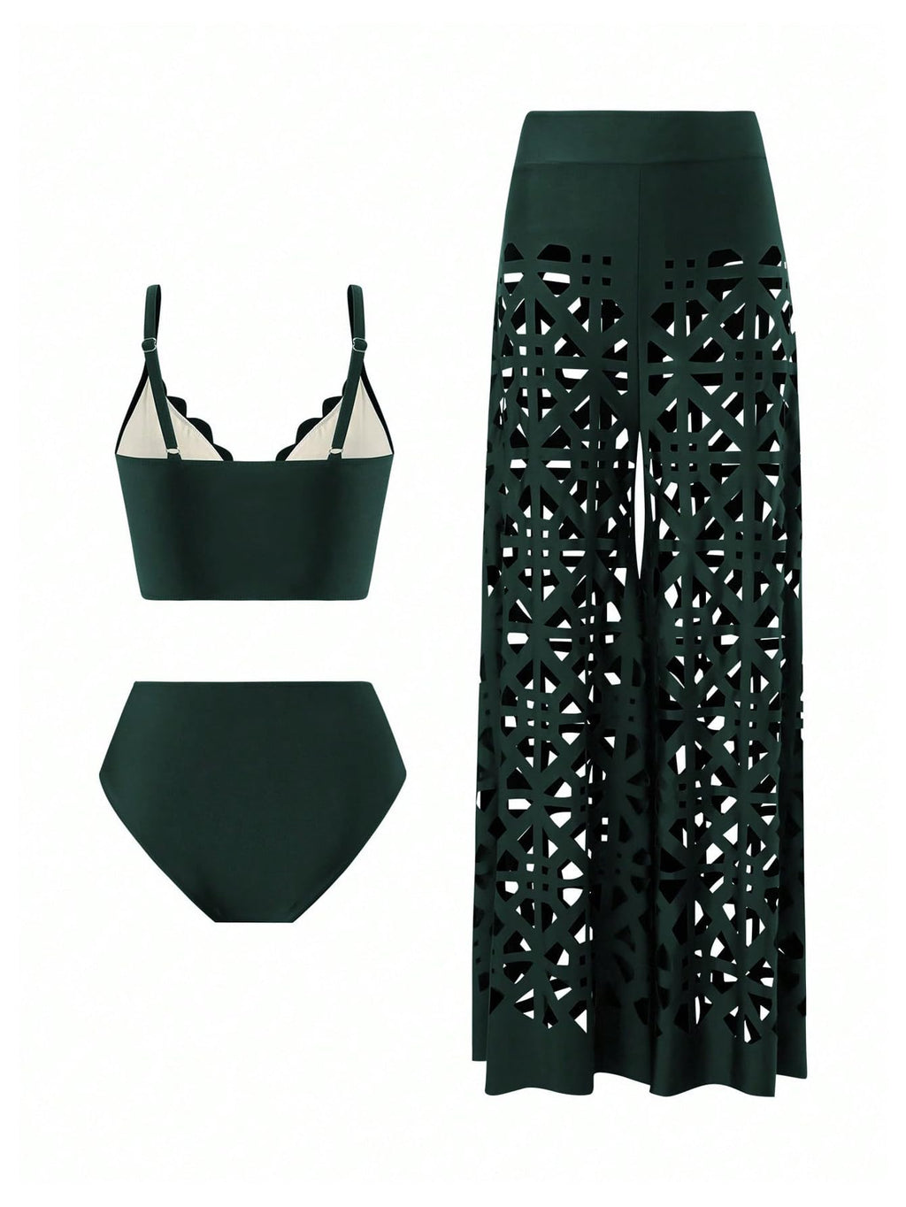 WDIRARA Women's 3 Piece Swimsuit Hollow Out Bikini Set with Cover Up Pants Green Large