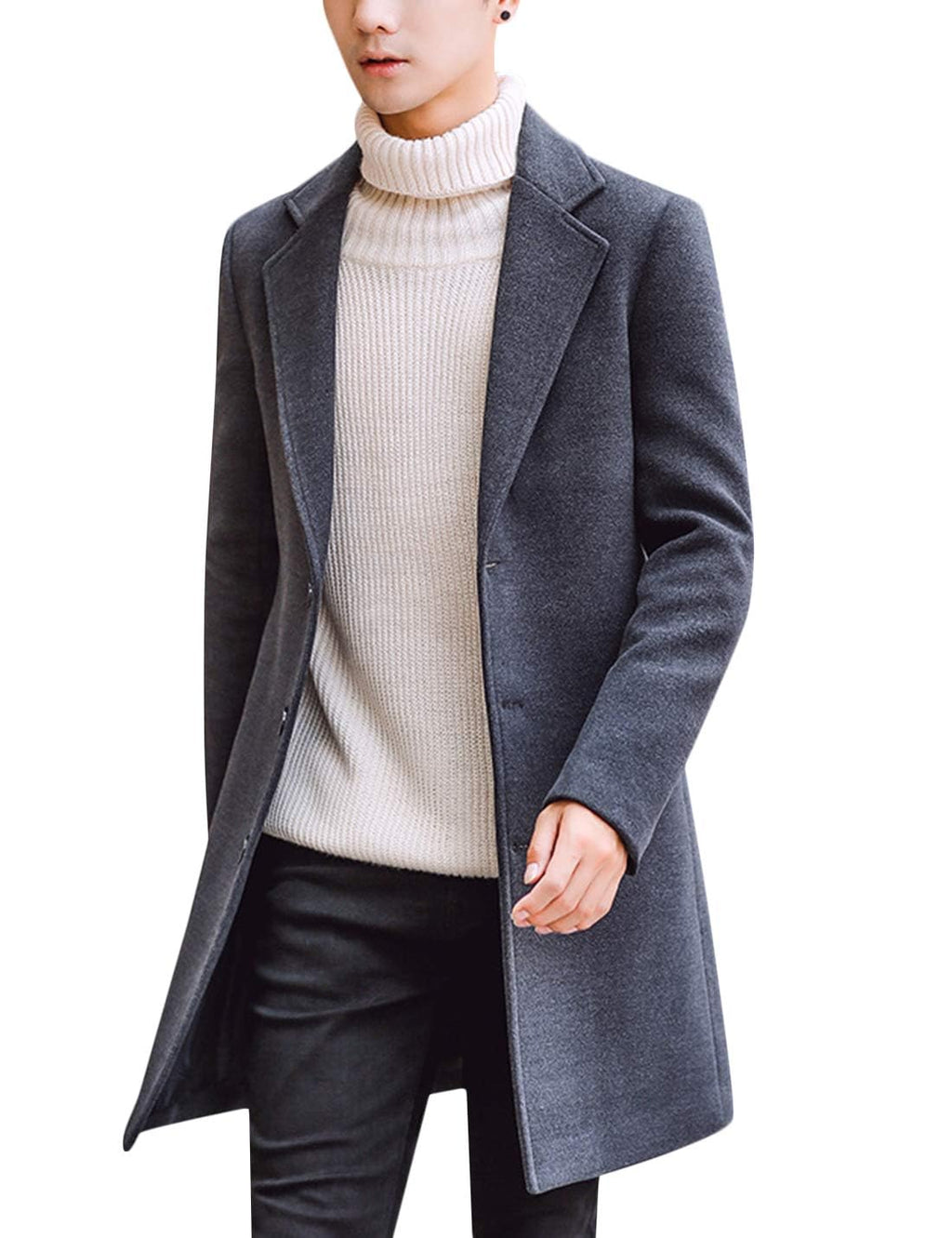 Springrain Men's Wool Blend Pea Coat Notched Collar Single Breasted Overcoat Warm Winter Trench Coat(Dark Gray-S)